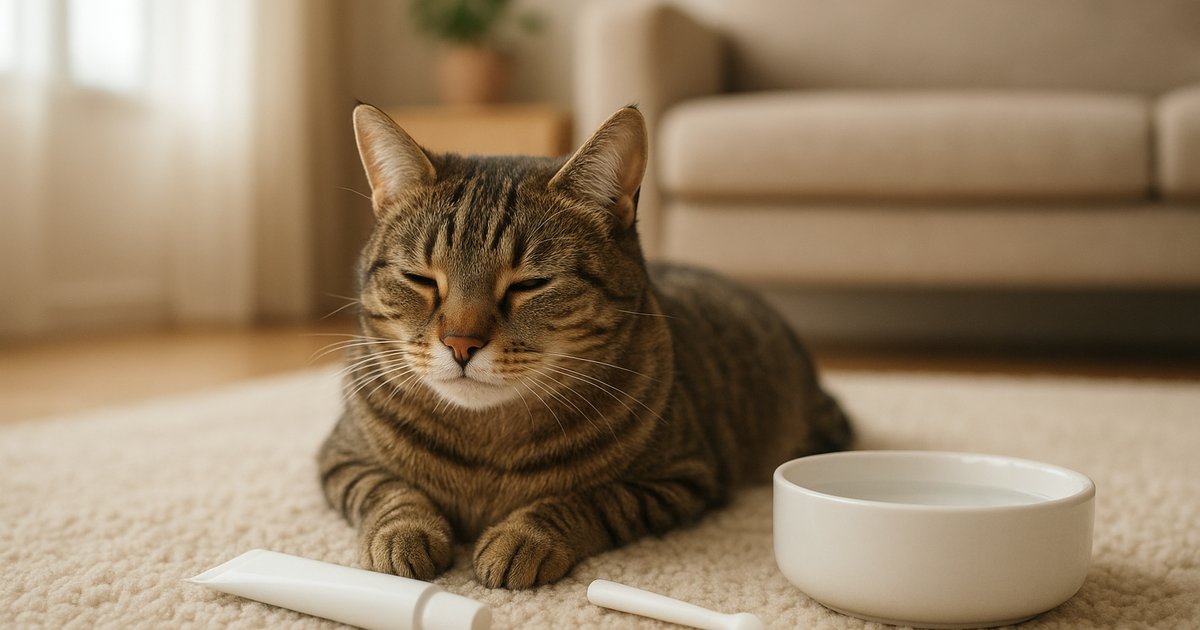 A calm tabby cat resting on a rug beside a white dental gel tube with a small applicator and a ceramic bowl of water in a bright, warm living room