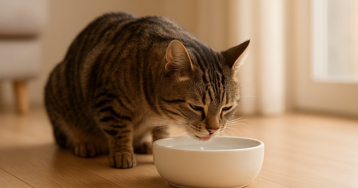 A calm tabby cat drinking water from a plain ceramic bowl on the floor of a bright, warm home in natural light