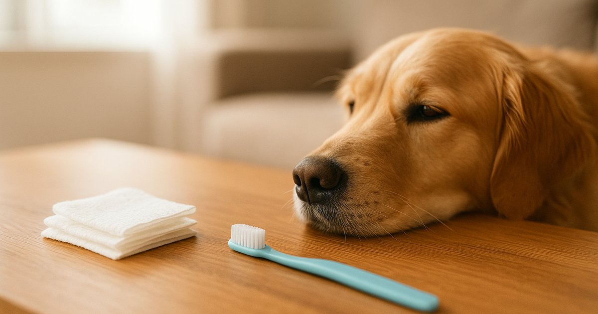 A calm golden retriever resting beside a wooden table with a pet toothbrush and finger dental wipes laid out in warm natural light