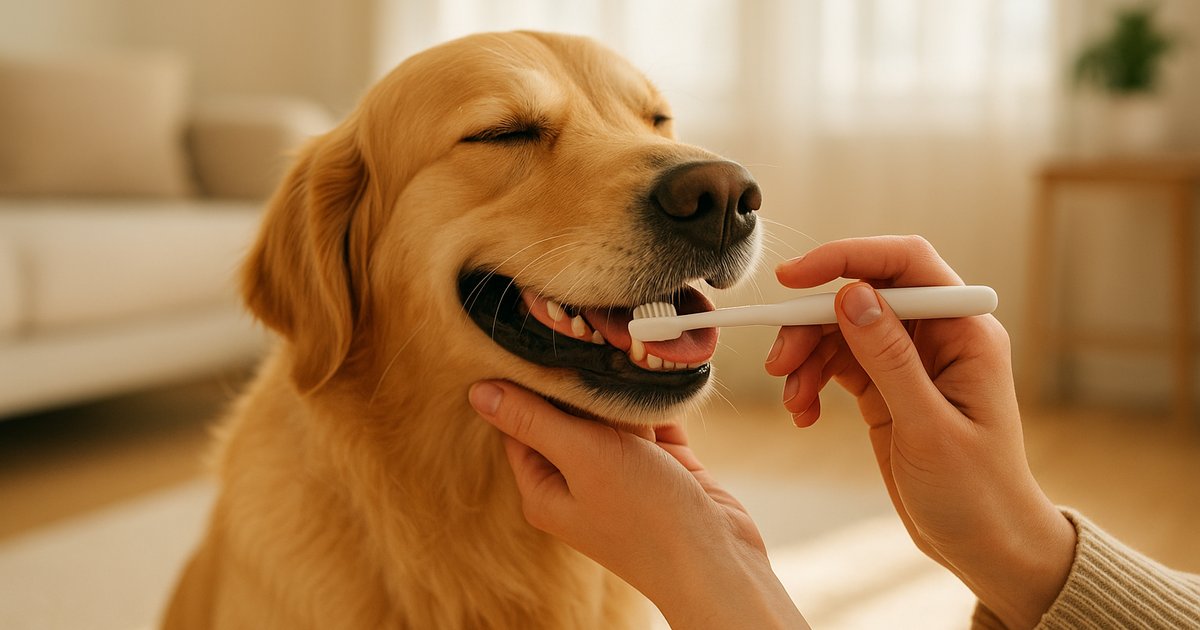 Person gently brushing a calm dog's teeth at home with a pet toothbrush