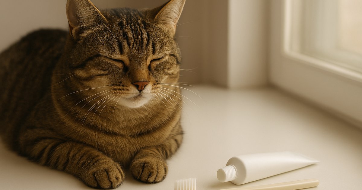 A calm tabby cat resting beside a plain pet toothbrush and an unbranded tube of pet toothpaste on a bright surface in warm natural light